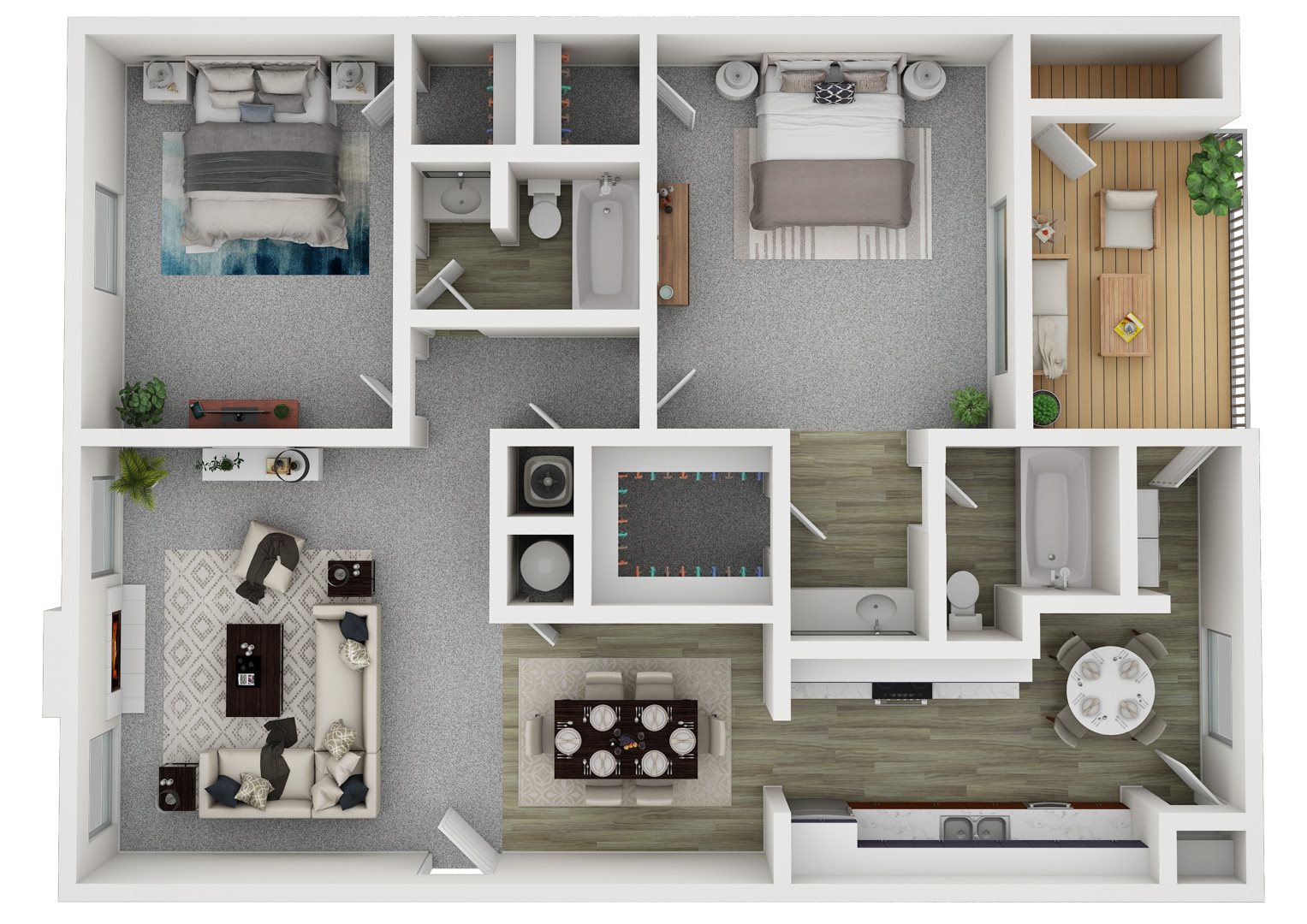 River Ridge Apartments Hickory Floor Plan, with bedroom, kitchen, living room, washer and dryer, deck and a bathroom.